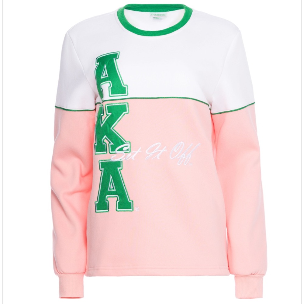 AKA Set It Off Pink and White Sweater with Green Accent